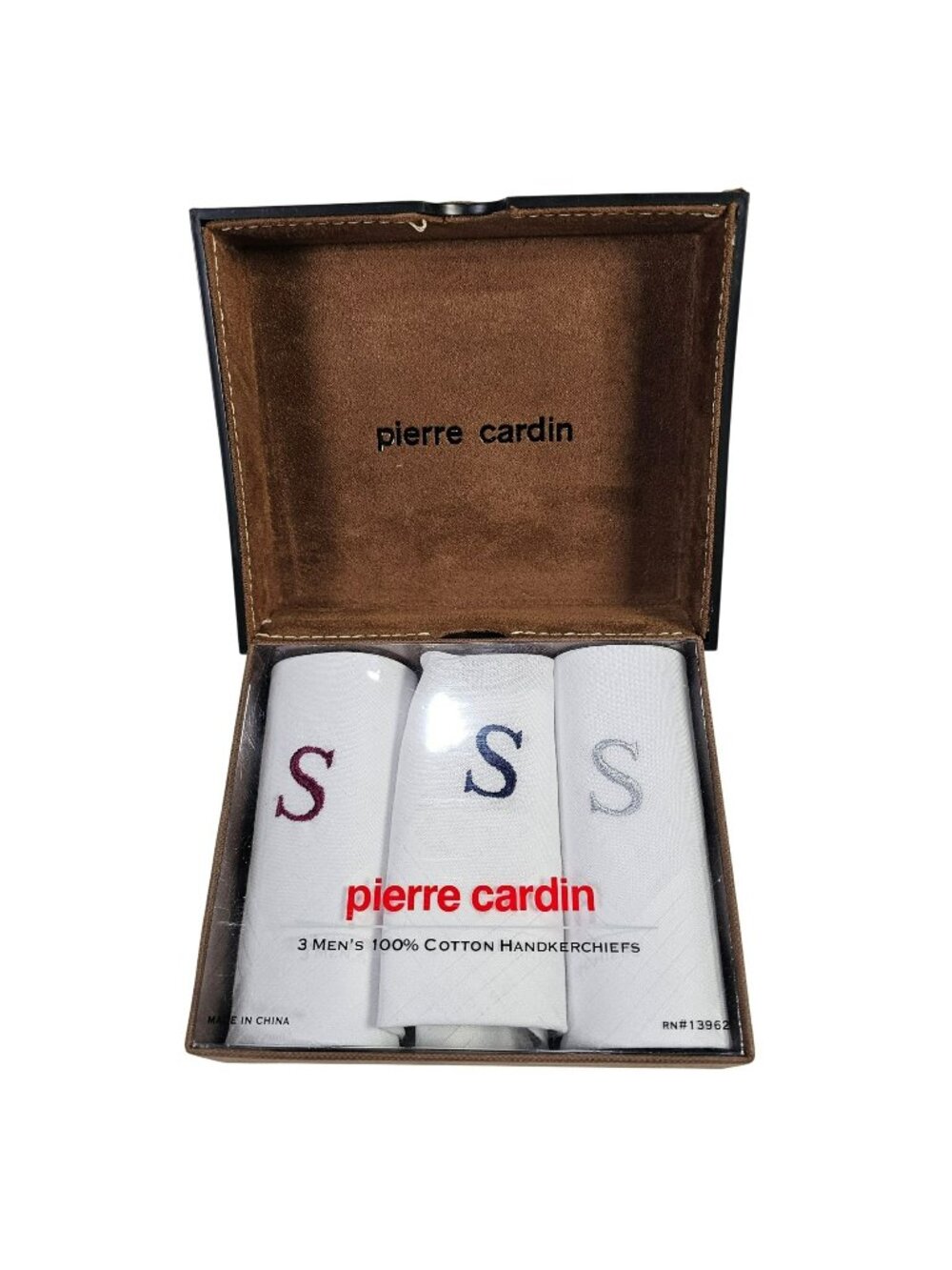 Pierre Cardin Set Of 3 Vintage Cotton Handkerchiefs Monogram "S" with Suede Box